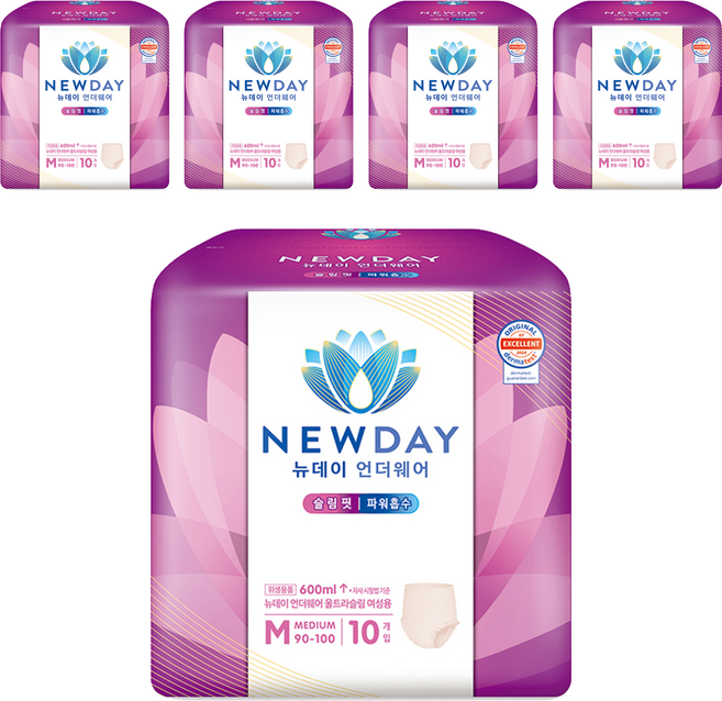뉴데이 여성용 언더웨어 울트라슬림 성인기저귀, 중형, 10매입, 5세트