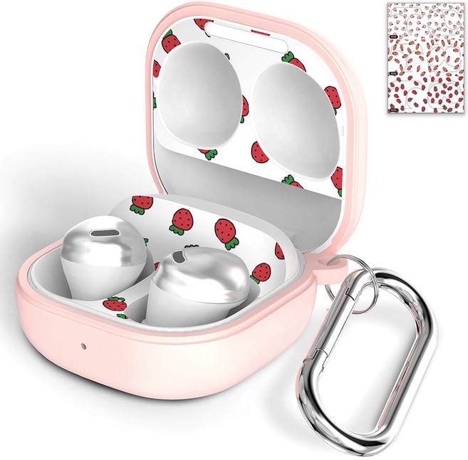NUART Galaxy Buds2 矽膠保護殼 + 設計款防塵貼紙 6入, 桃色 + 水果圖案(貼紙), 1個