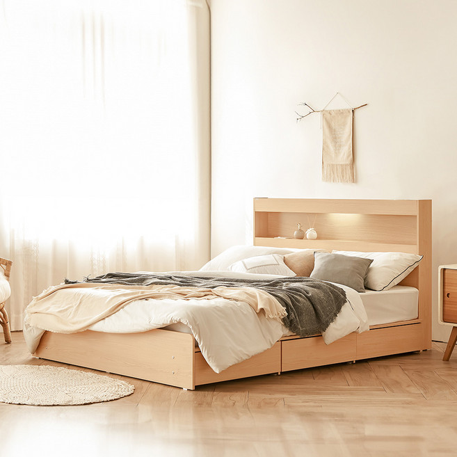 동서가구 이즈 카이 LED 1단 3서랍 수납침대 프레임 + 9존 독립 매트리스 세트 방문설치, 메이플 + 화이트