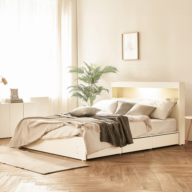 동서가구 이즈 카이 LED 1단 3서랍 수납침대 프레임 + 9존 독립 매트리스 세트 방문설치, 화이트 + 화이트