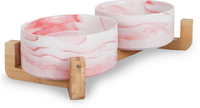 딩동펫 반려동물 모던 세라믹 식기 1단 2구 L, 마블 핑크, 1개