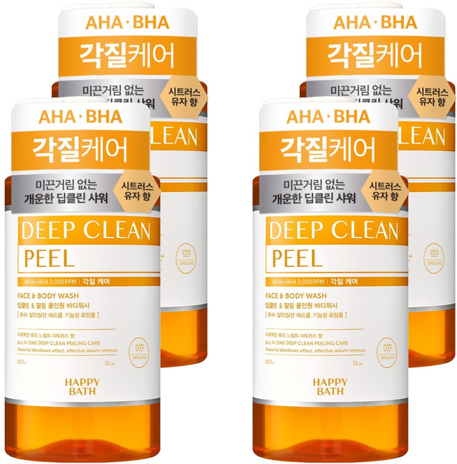 해피바스 딥클린 아하바하 각질케어 올인원 바디워시 시트러스 유자 향, 900g, 4개