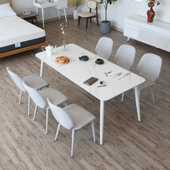 이즈네이처 포세린 세라믹 식탁 6인용 + 아이리스 의자6p 세트 방문설치, 비앙카화이트(상판), 화이트(프레임), 그레이(의자), 일반의자 6