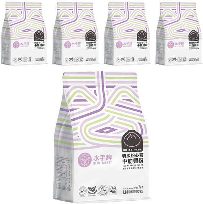 聯華製粉 BLUE JACKET 水手牌 特級粉心粉中筋麵粉, 1kg, 5包