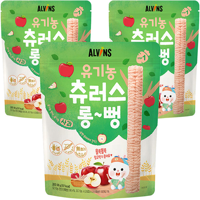 엘빈즈 유아용 츄러스 롱뻥 STEP1, 사과맛, 30g, 3개