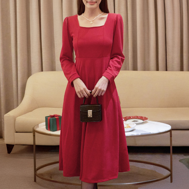 엘쏘 햅번 스퀘어넥 A라인 긴팔 롱 원피스