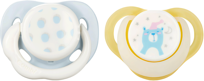 Combi 康貝 日+夜用安撫奶嘴組 小兒齒科醫生監製 符合亞洲寶寶口腔尺寸 奶嘴內部可清洗, 0歲以上, 圓點藍 + 夜夢熊黃, 1組