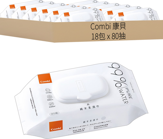 Combi 康貝 純水柔濕巾 掀蓋包, 45gsm, 80張, 18包