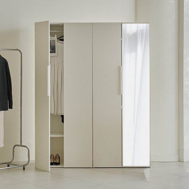 웰퍼니쳐 카린 1단 행거형 + 2단 행거형 거울도어 높은 옷장세트, 화이트