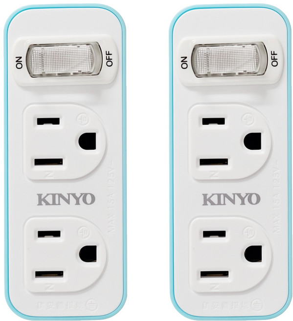 Kinyo 1切2座3變2節能小壁插 3孔, 白色 + 藍色, 2個, 38mm