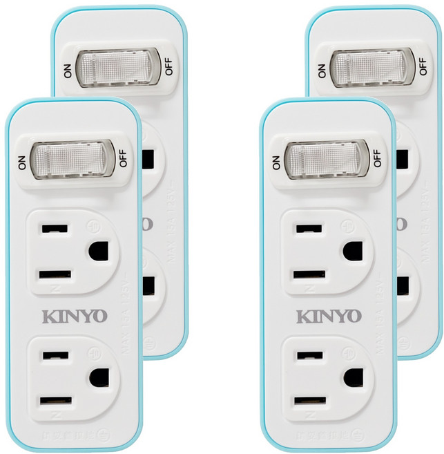 Kinyo 1切2座3變2節能小壁插 3孔, 白色 + 藍色, 4個, 38mm