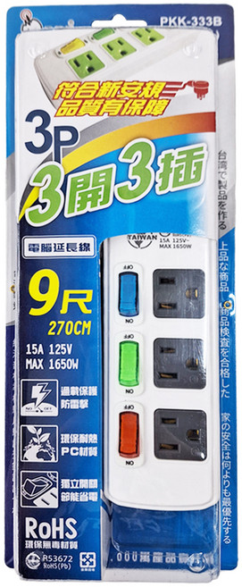 spirit 電精靈 電腦延長線 獨立開關過載保護 3開3插 3P, 270cm, 白色, 1條