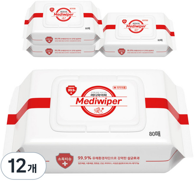 메디와이퍼 손소독 물티슈 캡형, 80매, 12개