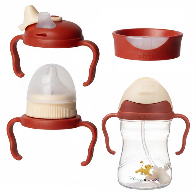 b.box 澳洲 四合一吸管水杯 寶寶喝水四階段 學習水杯+奶嘴杯蓋+鴨嘴杯蓋 安全材質不含雙酚A 適用洗碗機, 240ml, 1組, 獅子王 紅色 + 米黃色 + 透明