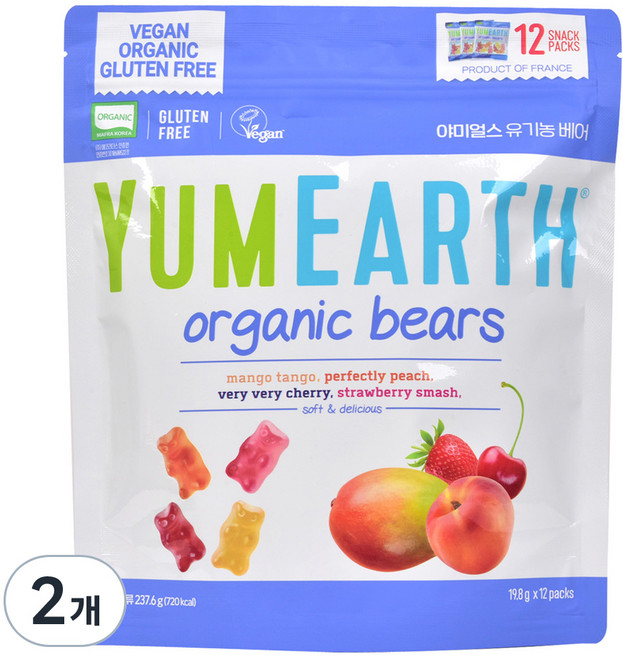 야미얼스 유기농 베어 젤리, 237.6g, 망고 + 복숭아 + 체리 + 딸기 혼합맛, 2개