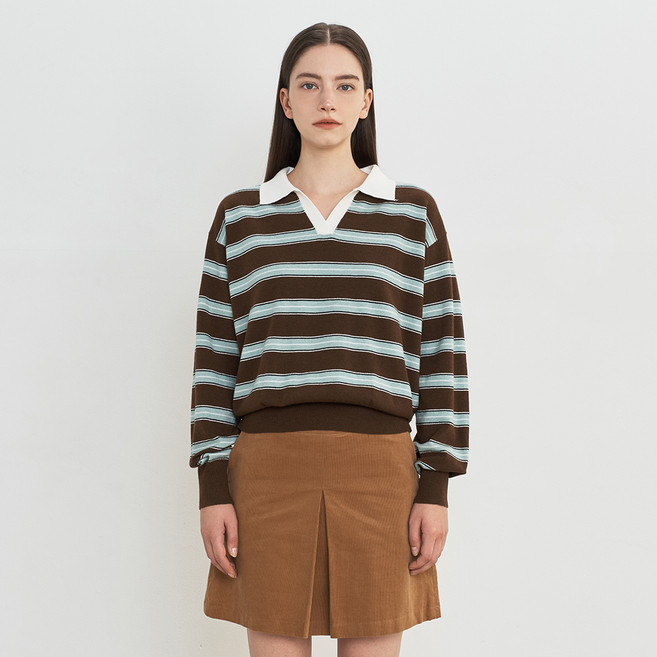 에이비플러스 여성용 스트라이프 럭비 카라 니트 LSZ4MW32