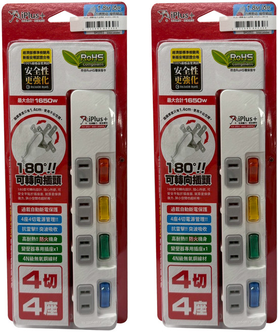 iPlus 保護傘 4開關4座2孔延長線, 1.8m, 白色, 2條