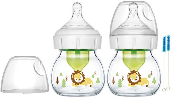 닥터브라운 라이온 데코 와이드넥 유리 젖병 60ml x 2p, 0단계(프리미,신생아용), 혼합색상, 2개