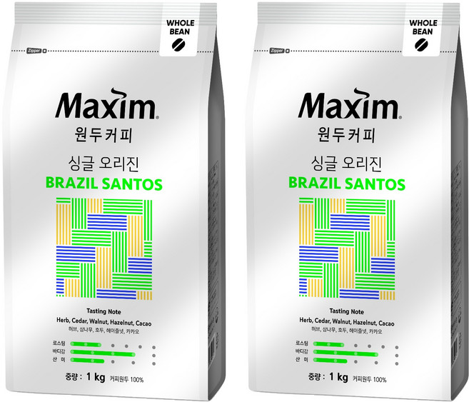 맥심 원두커피 싱글 오리진 브라질 산토스, 1kg, 2개, 홀빈(분쇄안함)