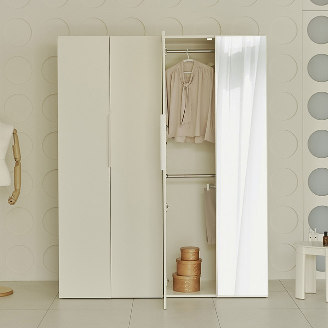 웰퍼니쳐 카린 1단 행거형 + 2단 행거형 거울도어 높은 옷장세트, 매트아이보리