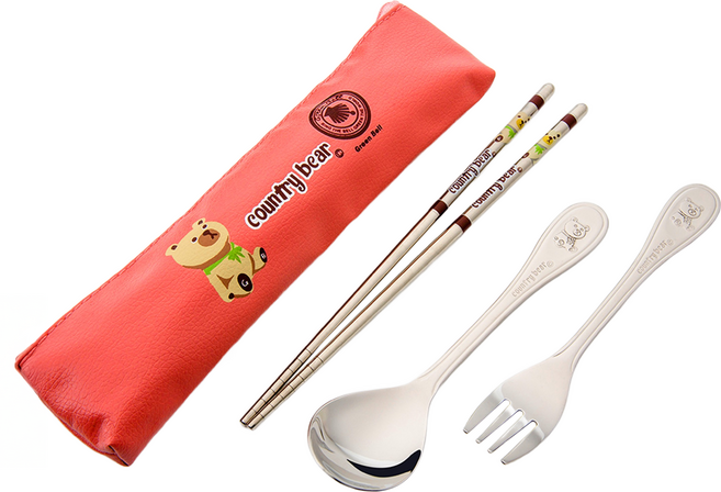 Green Bell 綠貝 鄉村熊 304不鏽鋼餐具3件組, 粉色, 湯匙 + 筷子 + 叉子, 1組