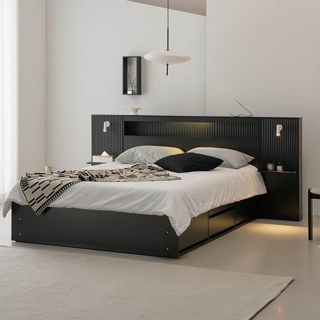 웰퍼니쳐 헤일로 LED 호텔식 수납 침대프레임 단품 + 사이드 패널 2p 세트 방문설치, 블랙