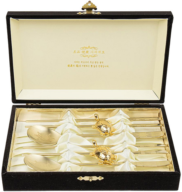 Willive 鈦金龜高級雙人匙筷禮盒組, 筷子 + 湯匙 + 筷架 + 精裝盒+品牌袋, 1套, 金色 + 黑色 + 米色