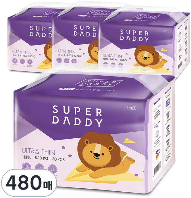 슈퍼대디 울트라씬 팬티형 기저귀 아동용, 대형(L), 480매