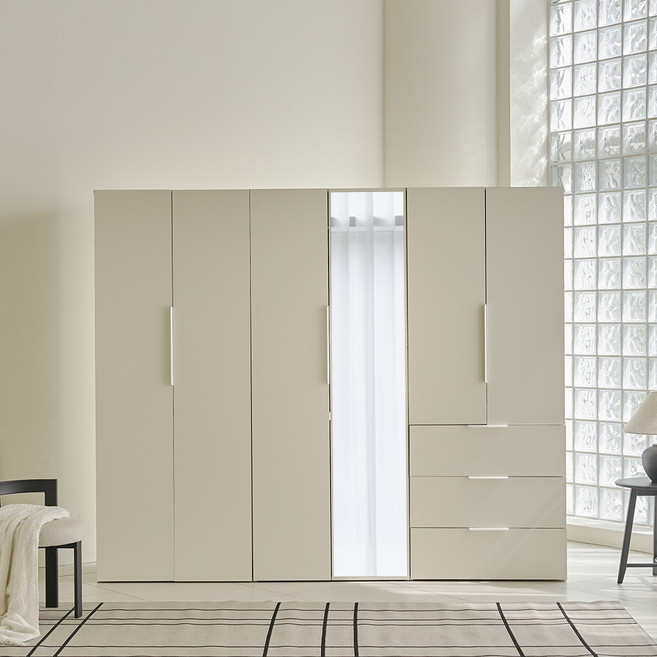 웰퍼니쳐 카린 1단 행거형 + 2단 행거형 거울도어 + 3단 서랍장 높은 옷장세트, 매트 아이보리