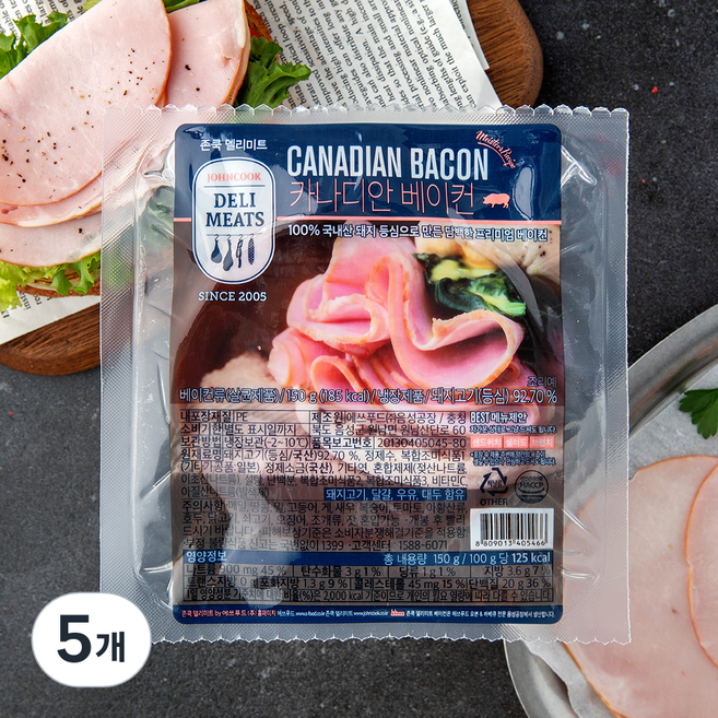 존쿡델리미트 카나디안 베이컨, 150g, 5개