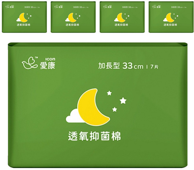 icon 愛康 透氧抑菌棉 衛生棉, 加長型(33cm), 7片, 5包