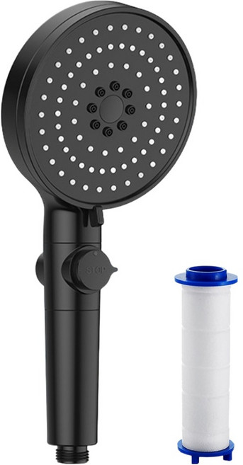 大面板增壓蓮蓬頭 止水開關 5段模式省水 + 過濾芯, 1組, 黑色