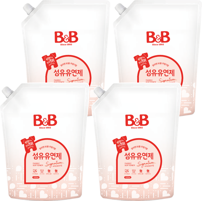 비앤비 유아 비자극 섬유유연제 자스민앤로즈향 리필형, 1.5L, 4개