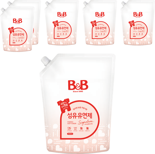 비앤비 유아 비자극 섬유유연제 자스민앤로즈향 리필형, 1.5L, 6개