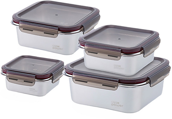 cook power 鍋寶 可微波316不鏽鋼保鮮盒 Set 1組 400ml + 850ml + 1500ml + 2500ml 4個, 4個容器及相配的蓋子
