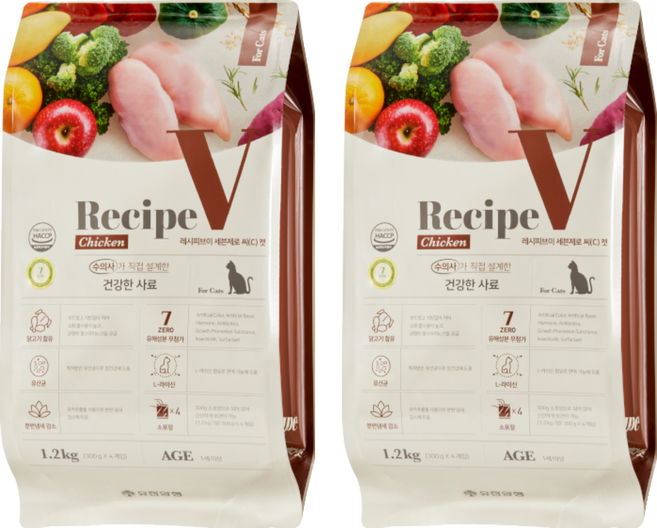 유한양행레시피브이 1세 이상 고양이 세븐제로 건식사료, 닭, 1.2kg, 2개