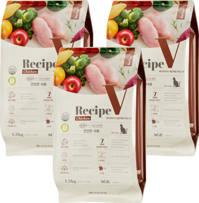 유한양행레시피브이 1세 이상 고양이 세븐제로 건식사료, 닭, 1.2kg, 3개