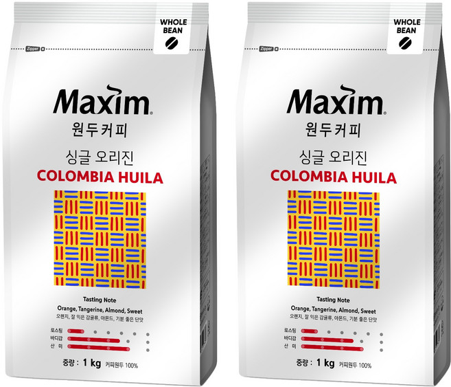 馬克西姆咖啡豆單一產地哥倫比亞威拉, 無研磨咖啡豆, 1kg, 2包