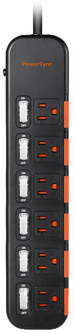 PowerSync 群加 6開6插滑蓋防塵防雷擊延長線 3孔 TS6DC618 30 x 6.5 x 3.2cm, 1個, 黑色, 1.8m
