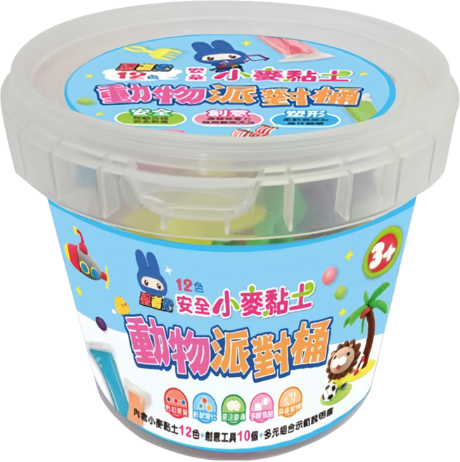 幼福文化 忍者兔 安全小麥黏土 動物派對桶 Set 內含黏土+10個創意工具配件, 多色, 642g, 1組