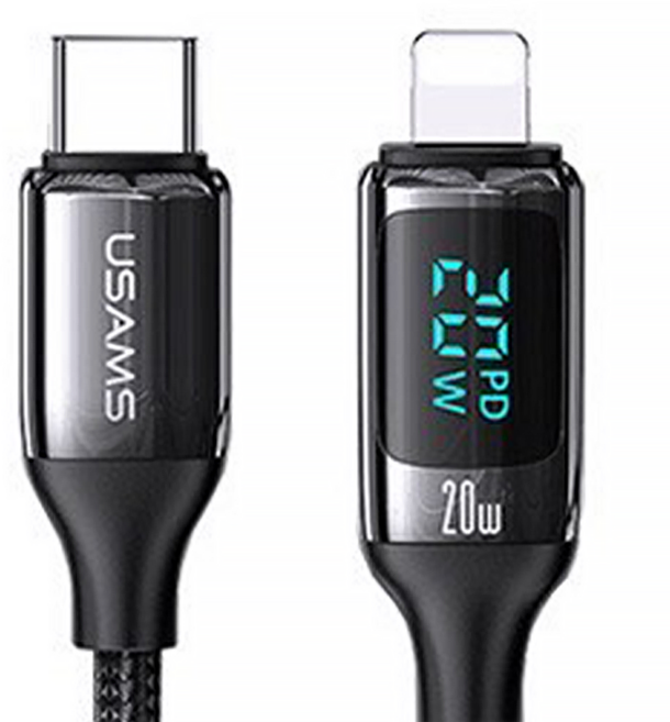USAMS 優勝仕 Type-C-iPhone 數顯快充線 20W, 黑色, 1條, 1.2m