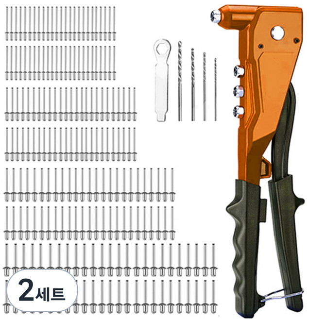 OON 핸드 리벳건 + 리베못 4종 x 50p + 드릴비트 4종 + 어댑터 세트, 2세트