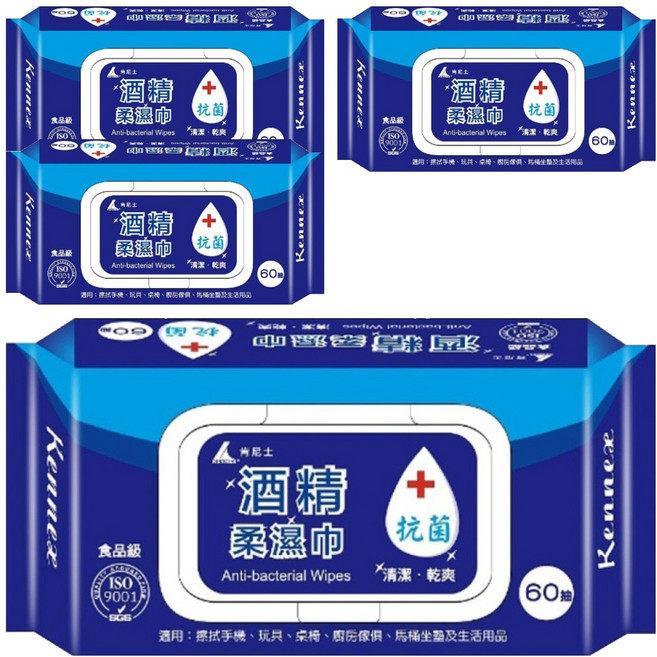 KENNEX 肯尼士 酒精柔溼巾 60抽 清潔乾爽 加蓋設計 獨立抽取 水刺無紡布 柔軟舒適 溫和配方, 1入, 4包