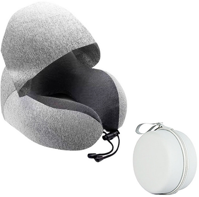 咪咪購物 飛機枕/連帽頸枕/脖子枕頭/護頸枕/旅行頸枕 戴帽款 + 收納盒, 深灰色