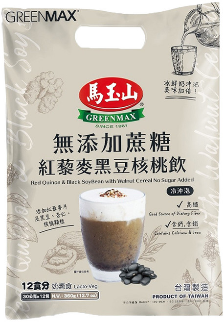 馬玉山 無添加蔗糖 紅藜麥黑豆核桃飲, 360g, 1袋