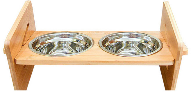 寵物夢工廠 木製可調雙碗 不鏽鋼碗 40 x 16 x 16cm, 原木色, 1組