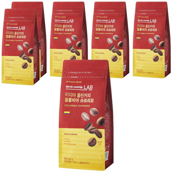 이디야커피연구소 콜롬비아 슈프리모 원두, 홀빈(분쇄안함), 200g, 6개