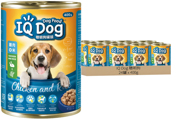 IQ Dog 聰明狗 成犬型 聰明狗罐頭, 雞肉 + 米口味, 400g, 24罐