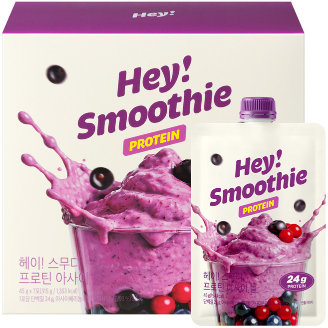 푸드올로지 헤이! 스무디 프로틴 아사이볼 저당 고단백 쉐이크, 45g, 7개