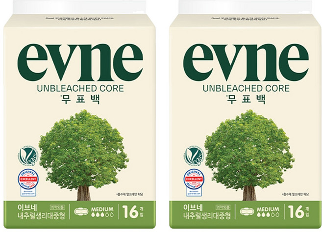 이브네 무표백 코어 생리대, 중형, 16개입, 2세트